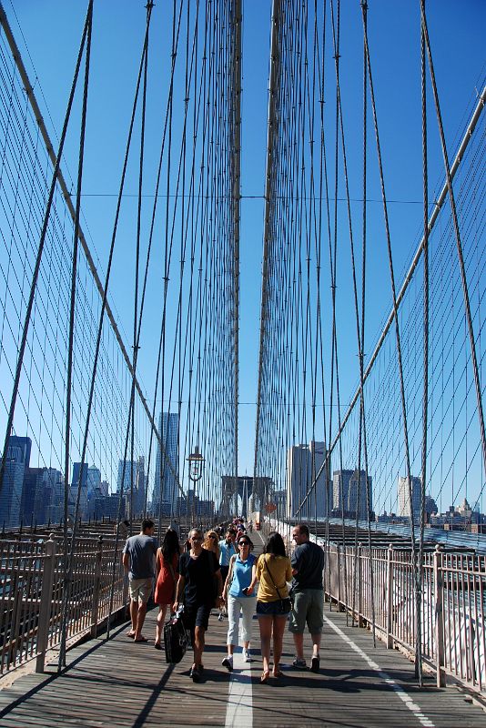 16 Spider Web Wires Lead From The First To The Second Cable Tower On The Walk Across New York Brooklyn Bridge